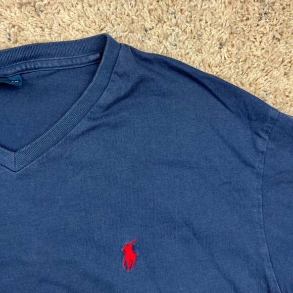 Polo Ralph Lauren Sz L Navy Blue V Neck T-Shirt Short Sleeve Cotton Red Pony - Picture 3 of 6